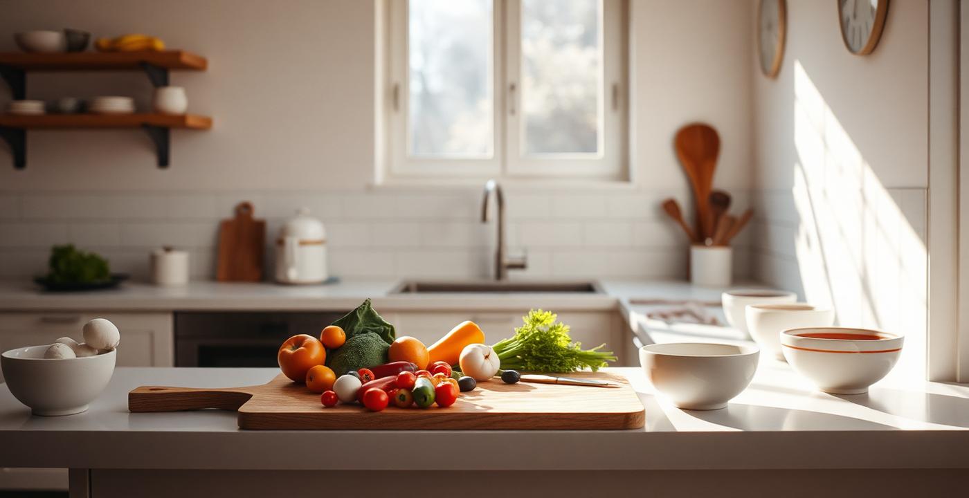 Cozinha luminosa com vegetais frescos